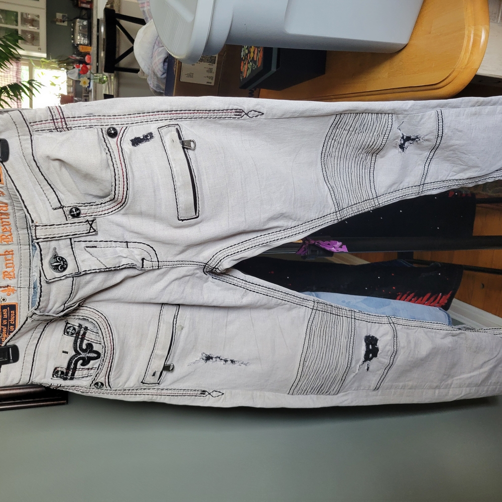Rock Revival Men's White Jeans with Black Stitching